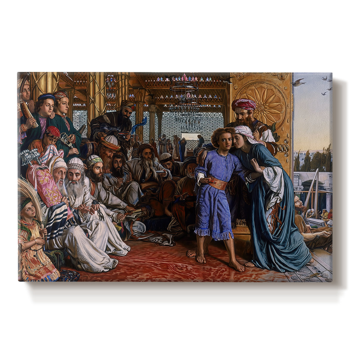 Canvas art print portraying a large group gathered in temple interior around central young figure, set against a white background