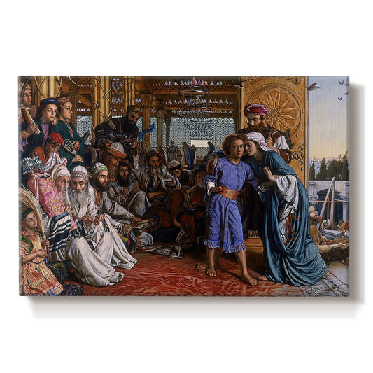 Canvas art print portraying a large group gathered in temple interior around central young figure, set against a white background