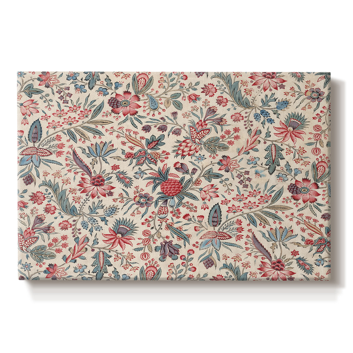 Canvas art print portraying a repeating floral and botanical pattern with intricate detailing on cream background, set against a white background