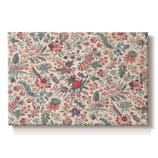 Canvas art print portraying a repeating floral and botanical pattern with intricate detailing on cream background, set against a white background