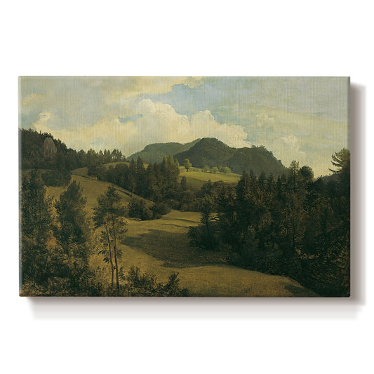 Canvas art print portraying a rolling countryside with trees and distant hills, set against a white background