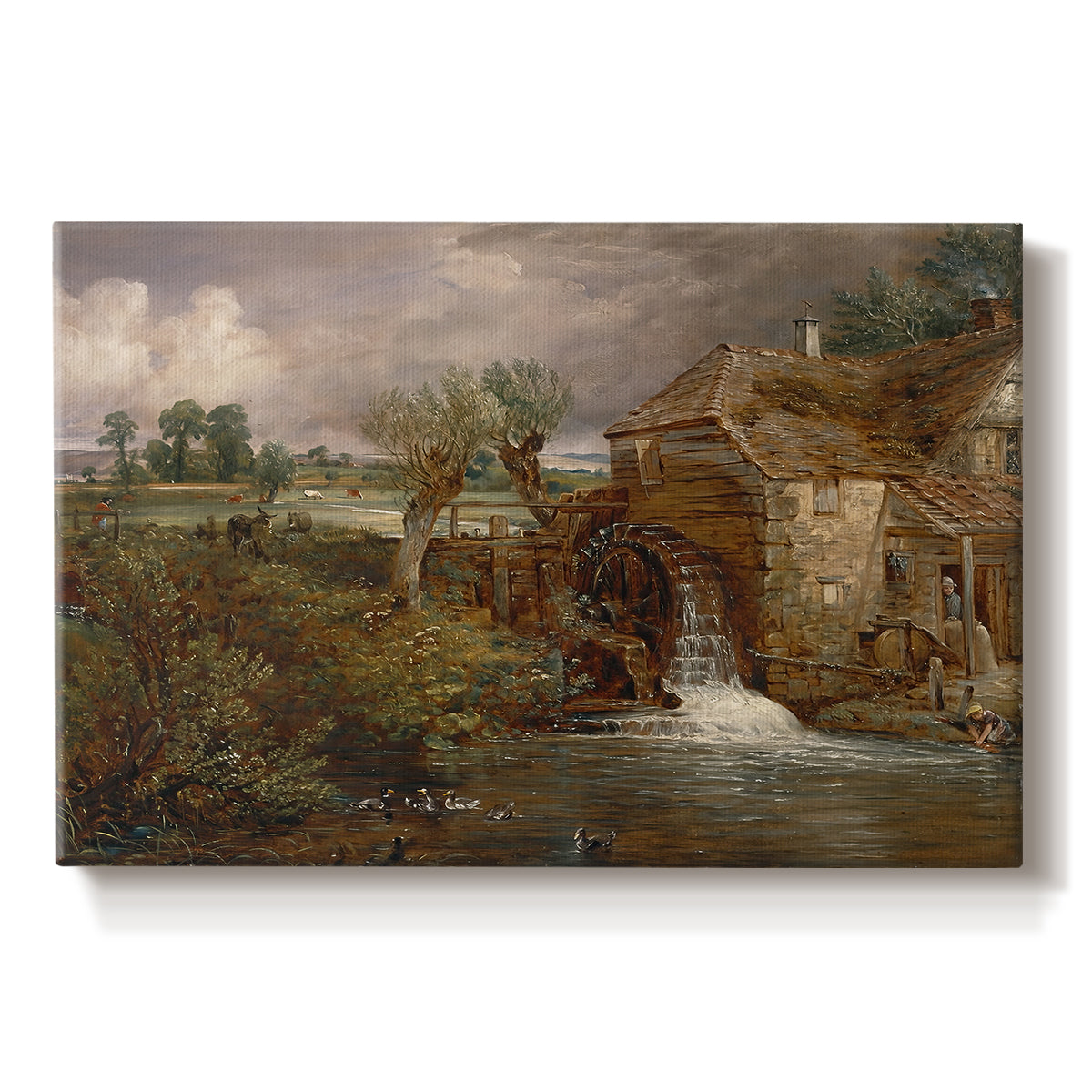 Canvas art print portraying a mill beside water in rural setting, set against a white background