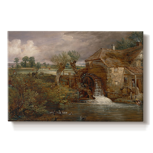 Canvas art print portraying a mill beside water in rural setting, set against a white background