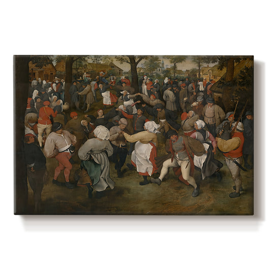 Canvas art print portraying a crowd dancing in outdoor wedding celebration, set against a white background