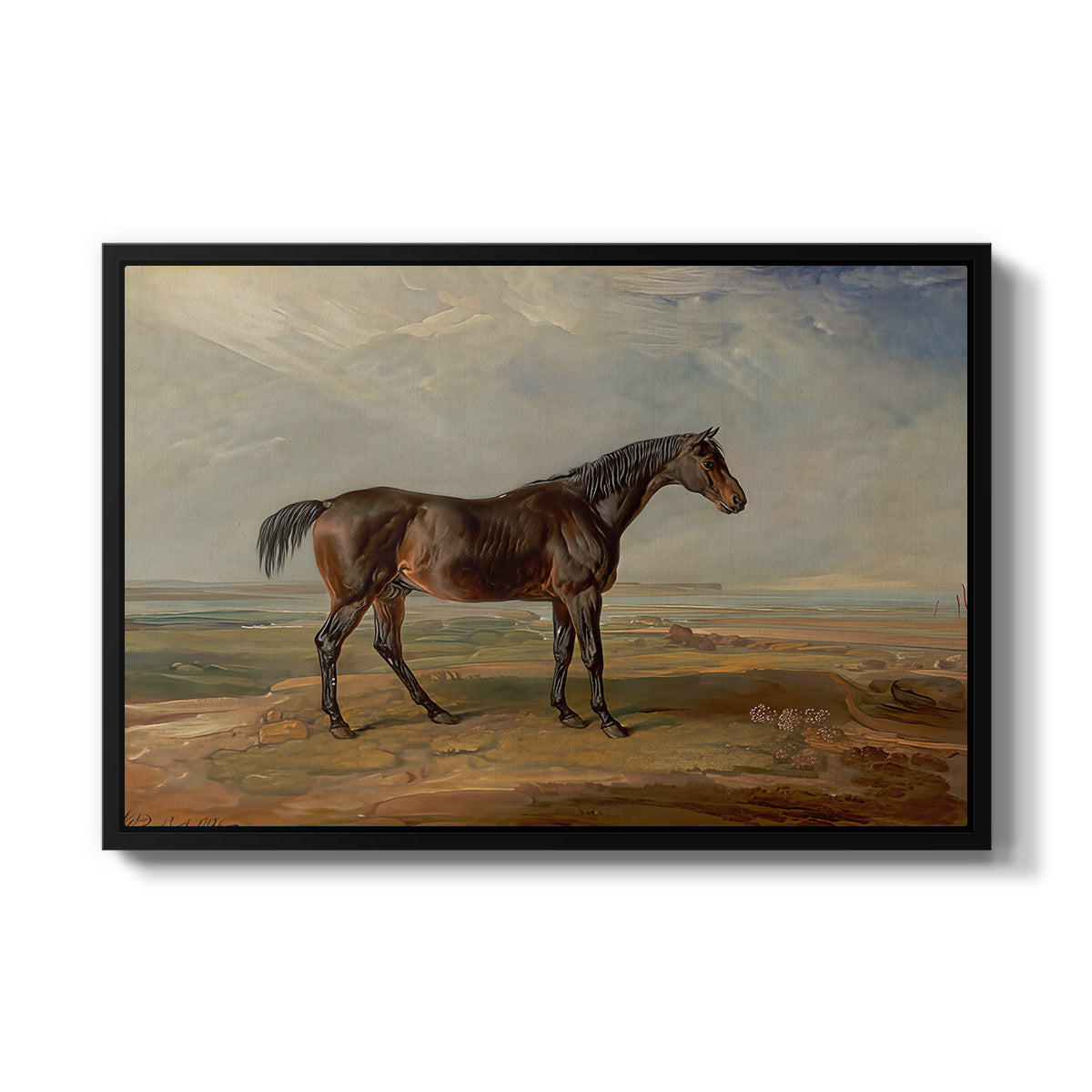 Dr. Syntax, a Bay Racehorse, Standing in a Coastal Landscape, an Estuary Beyond, c. 1820 - Floater Framed Canvas Print