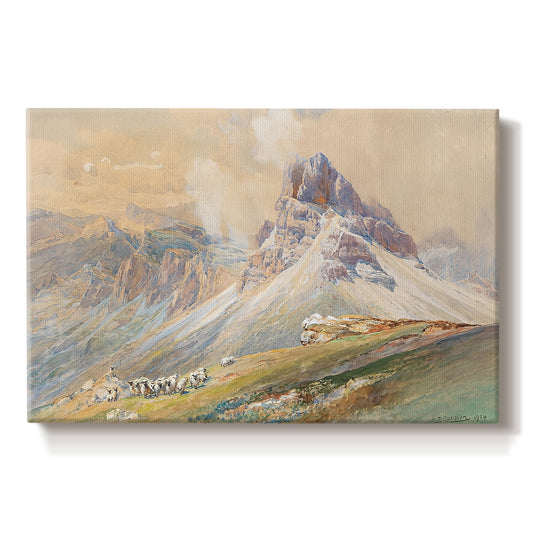 Canvas art print portraying dramatic Dolomite mountain peaks rising above rugged terrain, set against a white background