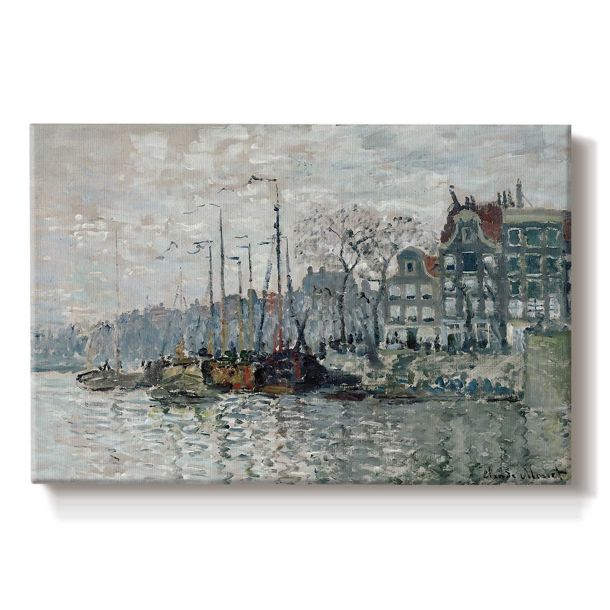 Canvas art print portraying a canal scene with boats and buildings lining waterfront in Amsterdam, set against a white background
