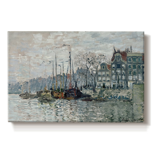 Canvas art print portraying a canal scene with boats and buildings lining waterfront in Amsterdam, set against a white background