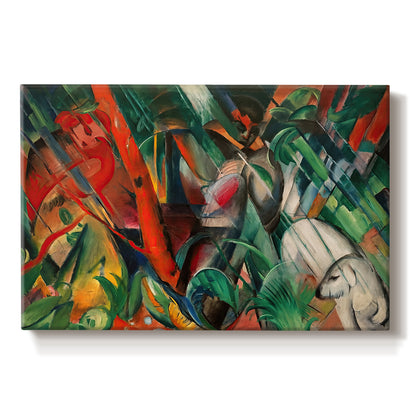 Canvas art print portraying an abstract composition suggesting rainfall through diagonal lines and color patterns, set against a white background