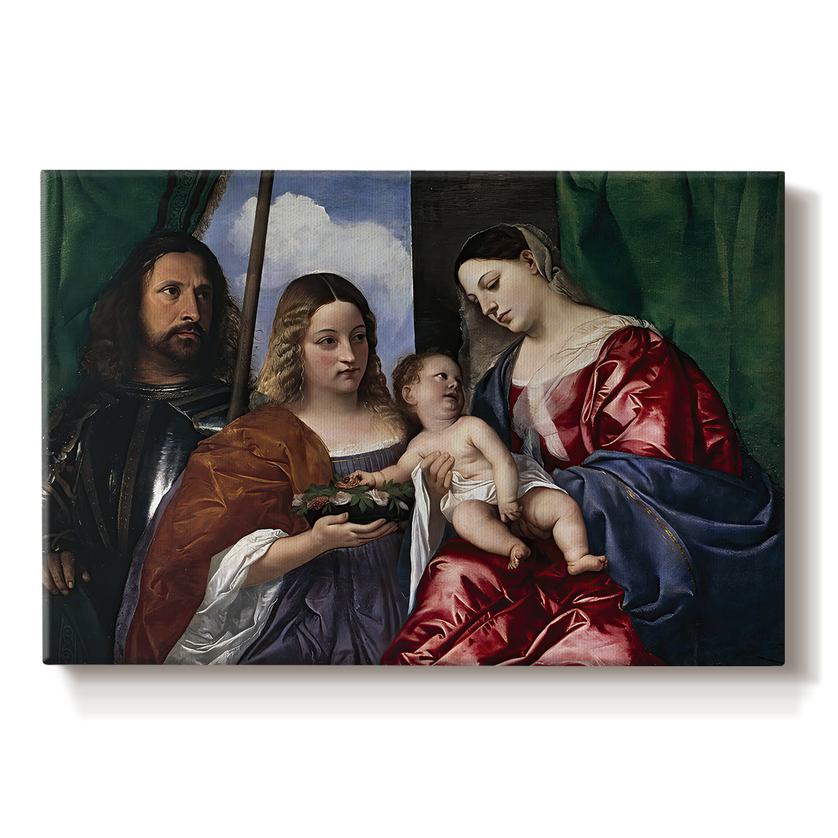 Canvas art print portraying a Madonna and child seated with two saints standing in dark interior setting, set against a white background
