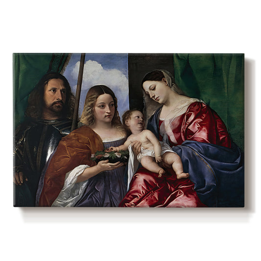 Canvas art print portraying a Madonna and child seated with two saints standing in dark interior setting, set against a white background