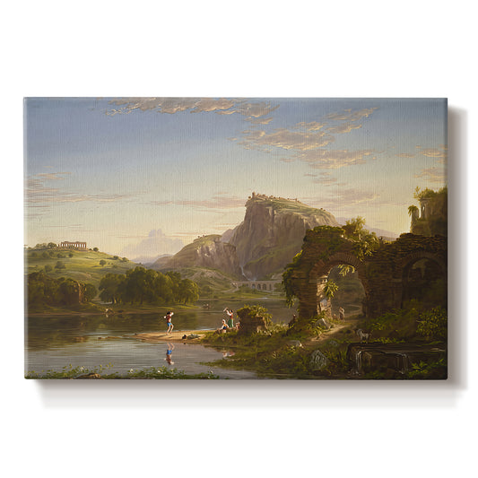 Canvas art print portraying a sunlit pastoral landscape with figures and classical architecture in open countryside, set against a white background