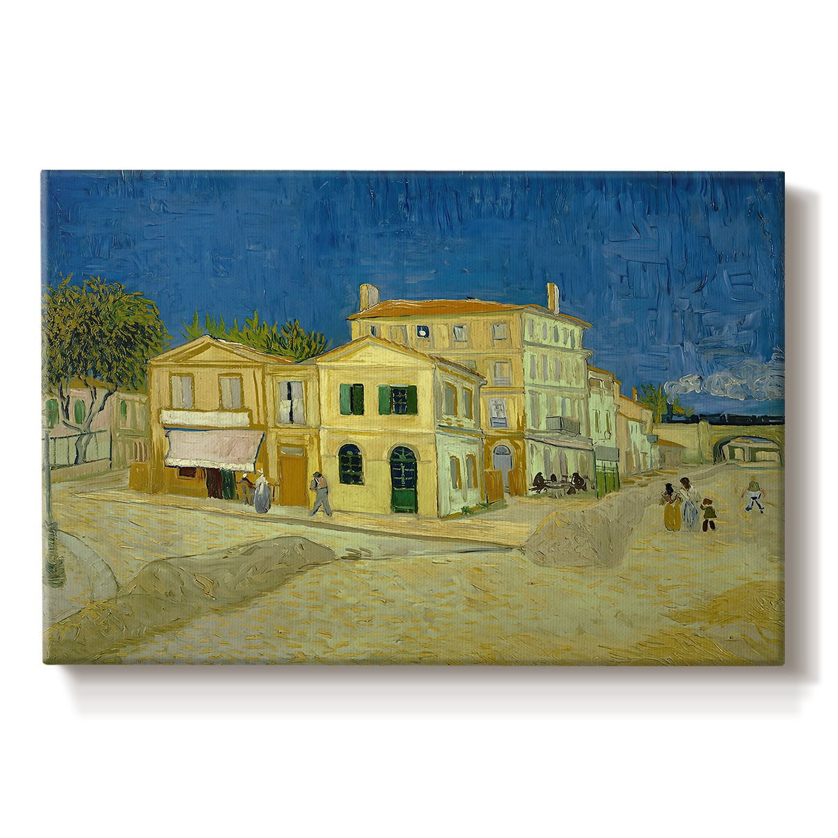 Canvas art print portraying a street view with bright yellow house and neighboring buildings under blue sky, set against a white background