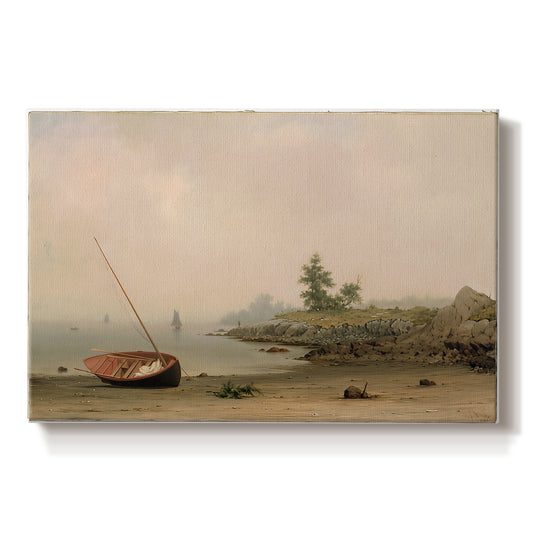 Canvas art print portraying a small boat resting on shoreline beside calm water and open sky, set against a white background