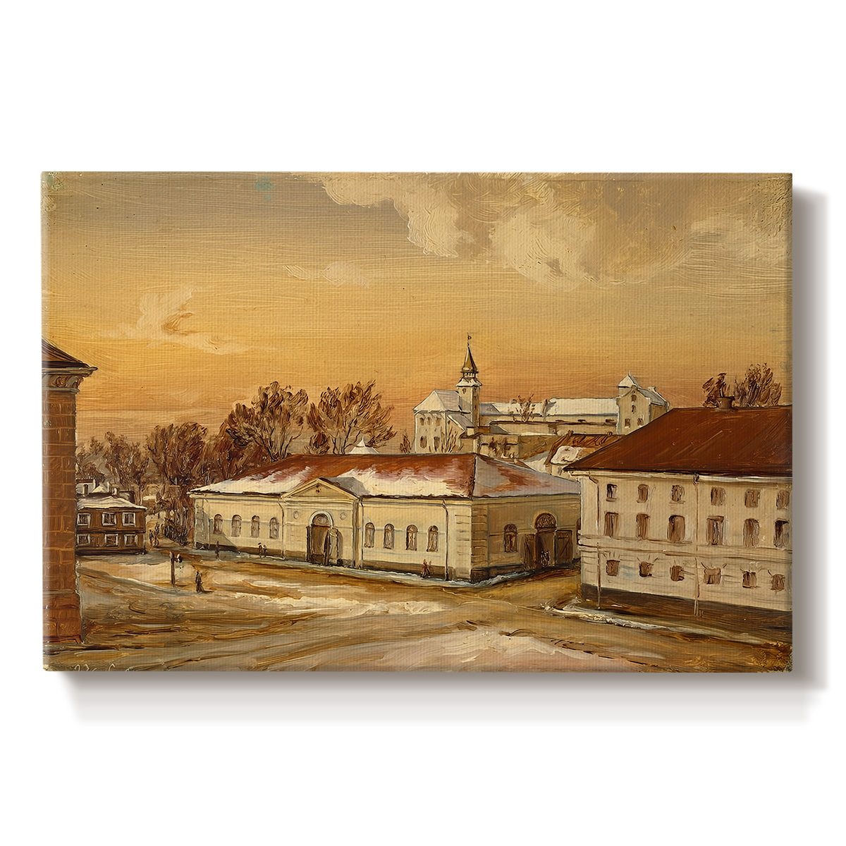 Canvas art print portraying a historic castle courtyard with riders and buildings in structured setting, set against a white background