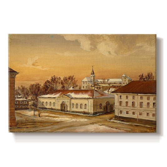 Canvas art print portraying a historic castle courtyard with riders and buildings in structured setting, set against a white background