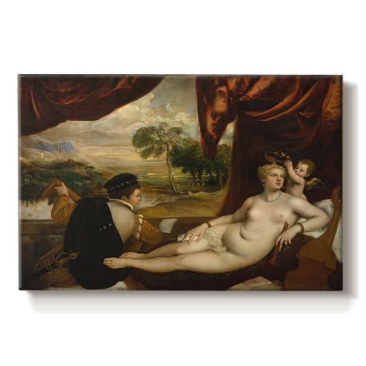 Canvas art print portraying a reclining nude woman with lute player in romantic pastoral setting, set against a white background