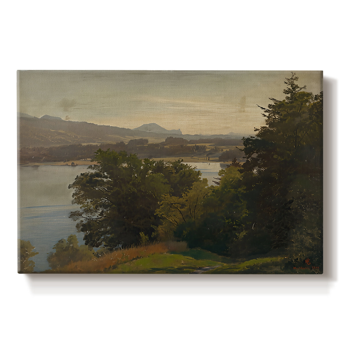 Canvas art print portraying a lake surrounded by hills with reflective water and open sky, set against a white background