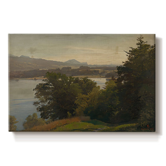 Canvas art print portraying a lake surrounded by hills with reflective water and open sky, set against a white background