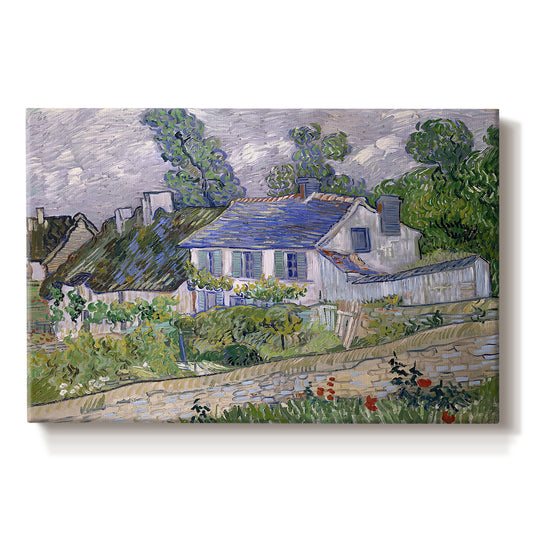 Canvas art print portraying village houses clustered along road with surrounding greenery under open sky, set against a white background