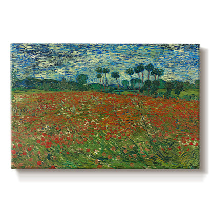 Canvas art print portraying a field dotted with red poppies stretching across green landscape, set against a white background