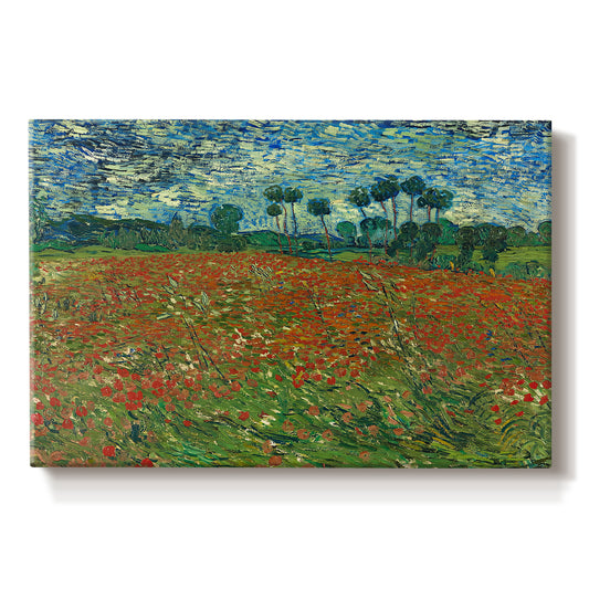 Canvas art print portraying a field dotted with red poppies stretching across green landscape, set against a white background