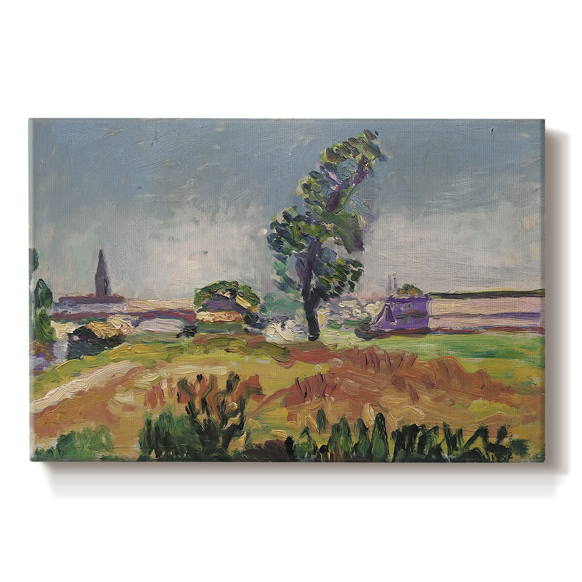 Canvas art print portraying a bridge spanning a river in a quiet landscape with trees and open sky, set against a white background