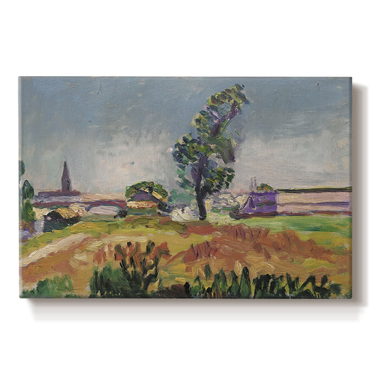 Canvas art print portraying a bridge spanning a river in a quiet landscape with trees and open sky, set against a white background