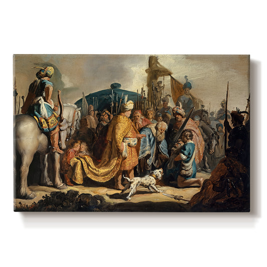 Canvas art print portraying a biblical scene with David holding Goliath's head, set against a white background