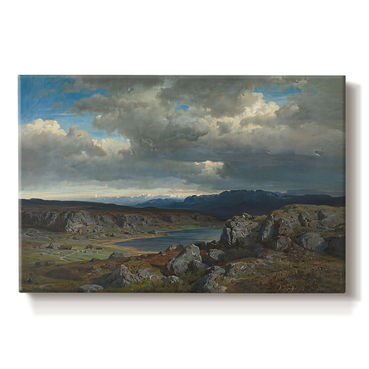 Canvas art print portraying a rugged highland landscape with mountains and open terrain, set against a white background