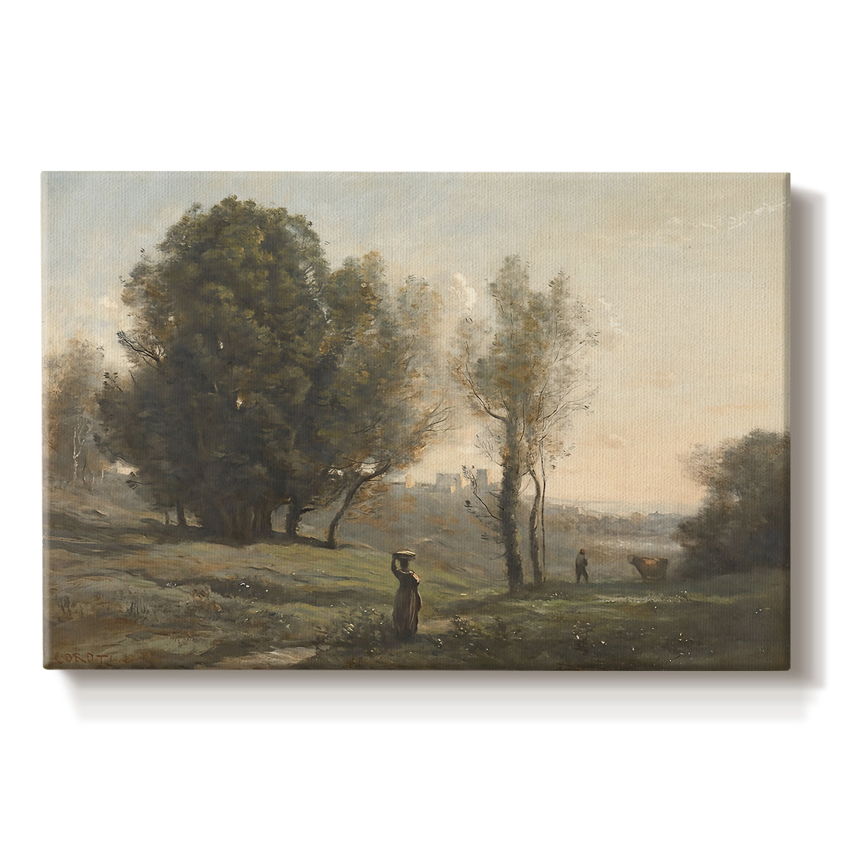 Canvas art print portraying an expansive landscape with sparse trees and open ground under soft light, set against a white background