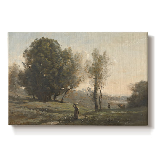 Canvas art print portraying an expansive landscape with sparse trees and open ground under soft light, set against a white background