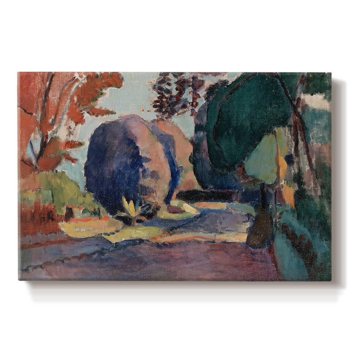 Canvas art print portraying a garden landscape with figure and dense greenery, set against a white background