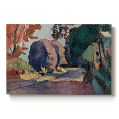 Canvas art print portraying a garden landscape with figure and dense greenery, set against a white background