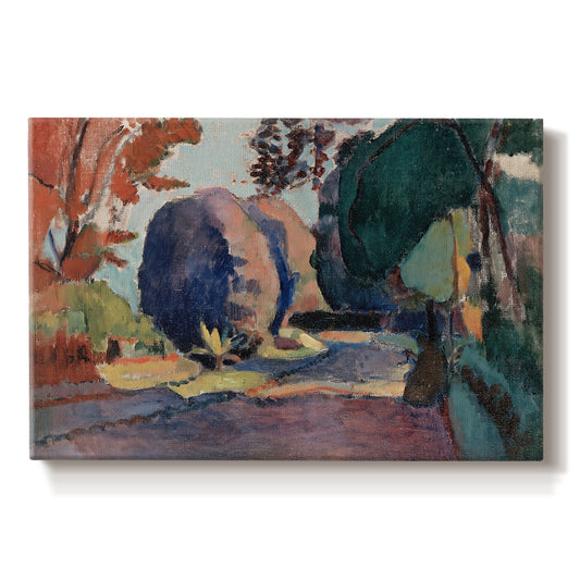 Canvas art print portraying a garden landscape with figure and dense greenery, set against a white background