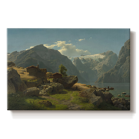 Canvas art print portraying a fjord landscape with mountains, water, and small settlement under open sky, set against a white background