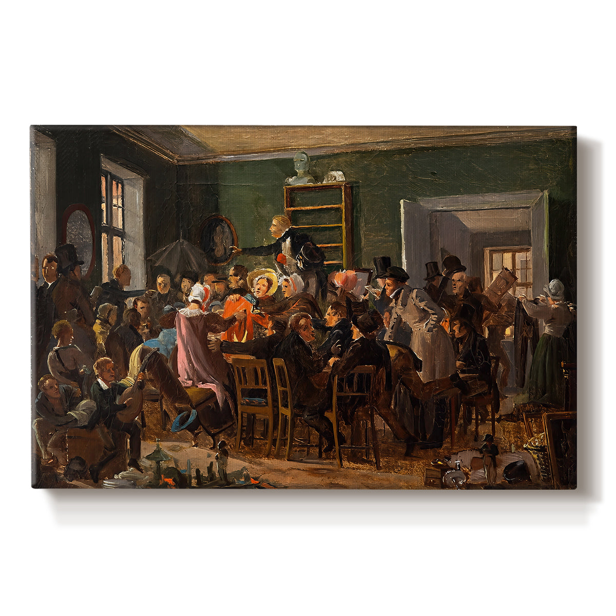 Canvas art print portraying a crowded interior with people gathered for auction activity, set against a white background