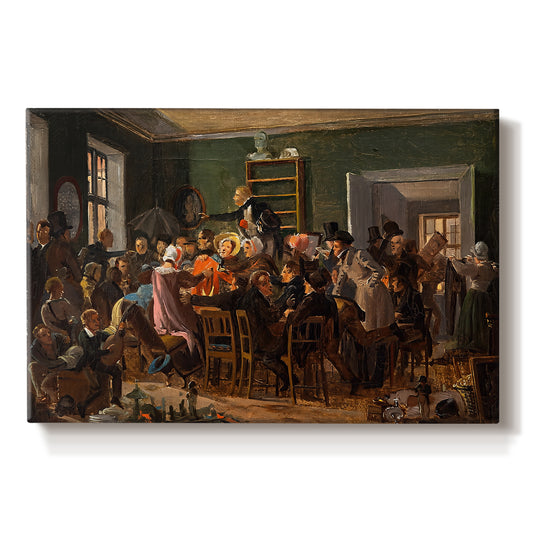 Canvas art print portraying a crowded interior with people gathered for auction activity, set against a white background