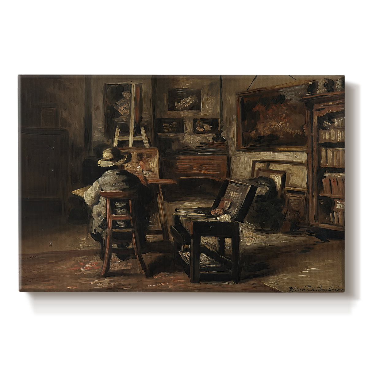 Canvas art print portraying an artist’s studio interior filled with furniture, tools, and paintings under soft light, set against a white background