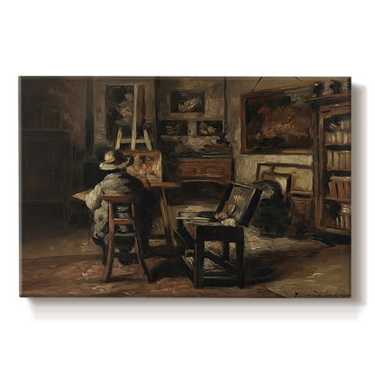 Canvas art print portraying an artist’s studio interior filled with furniture, tools, and paintings under soft light, set against a white background