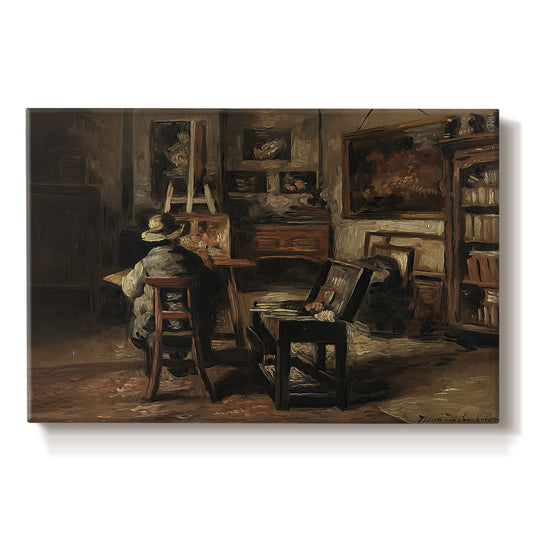 Canvas art print portraying an artist’s studio interior filled with furniture, tools, and paintings under soft light, set against a white background