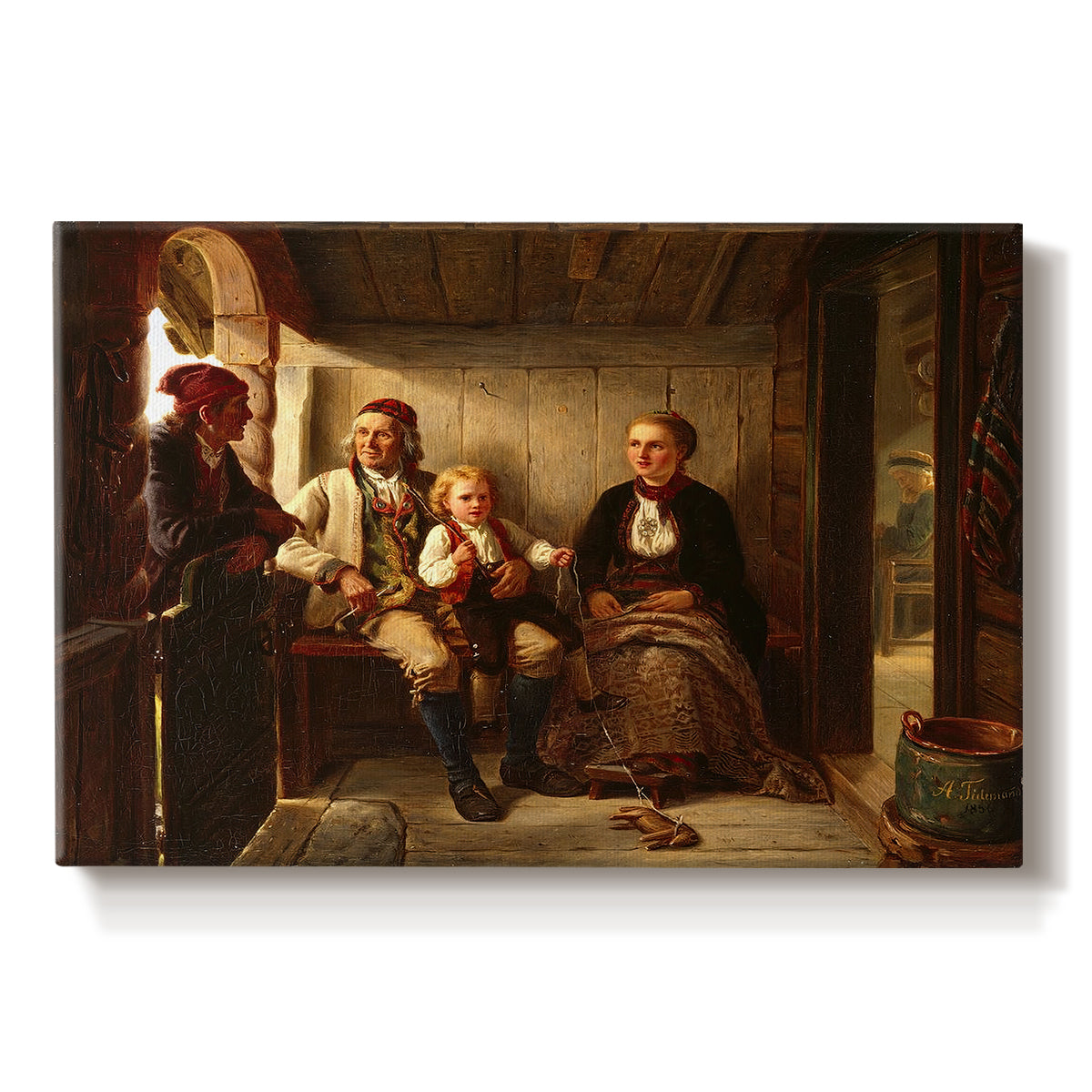 Canvas art print portraying a group of rural villagers gathered inside a dimly lit wooden interior in conversation, set against a white background