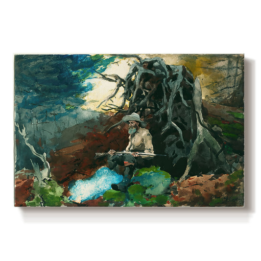 Canvas art print portraying a figure seated near fire in forest clearing surrounded by trees, set against a white background