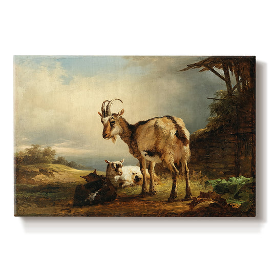 Canvas art print portraying a goat with young kids in countryside, set against a white background