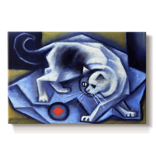 Canvas art print portraying a geometric cat interacting with ball in cubist composition, set against a white background