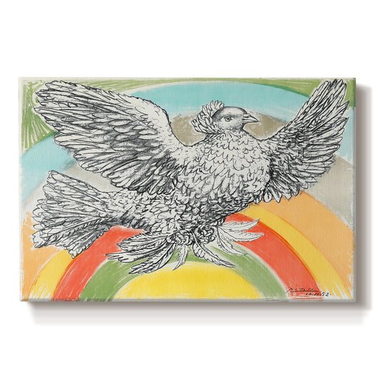 Canvas art print portraying a simplified dove in flight above rainbow arc, set against a white background