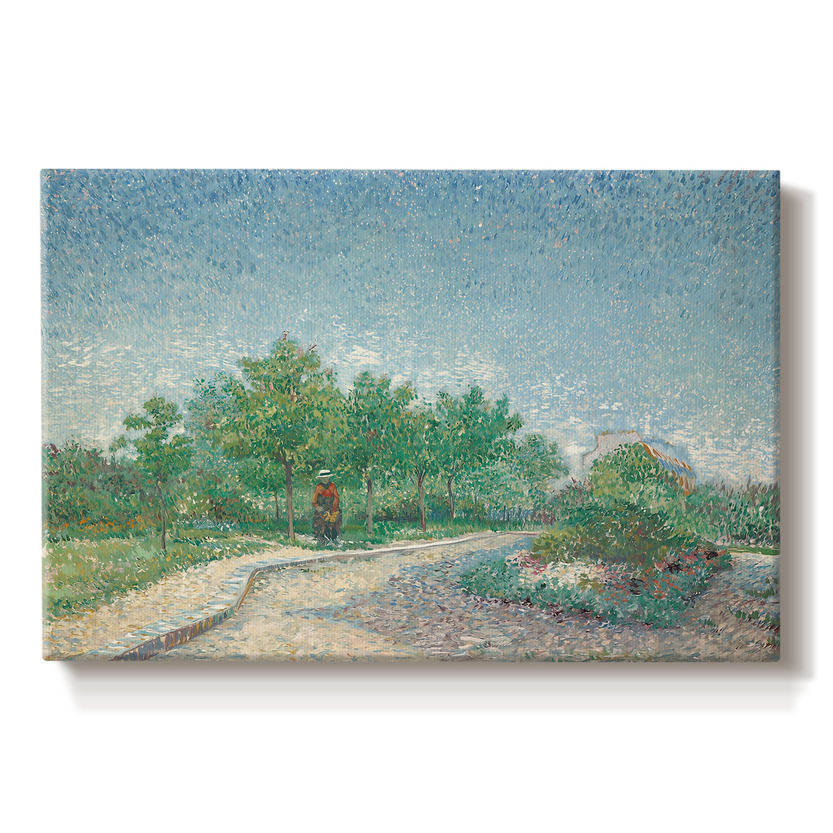 Canvas art print portraying an urban park with paths, trees, and figures under open sky, set against a white background