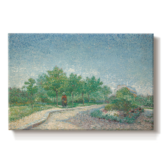 Canvas art print portraying an urban park with paths, trees, and figures under open sky, set against a white background