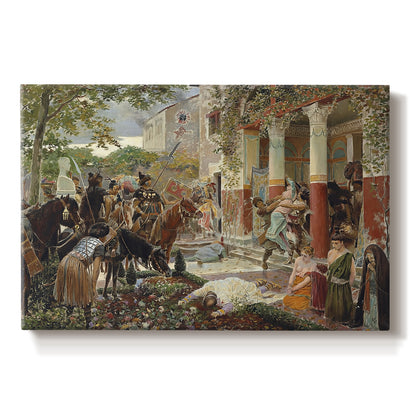Canvas art print portraying a chaotic battle scene with mounted warriors charging across landscape, set against a white background
