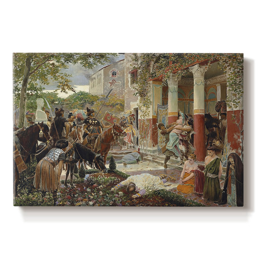 Canvas art print portraying a chaotic battle scene with mounted warriors charging across landscape, set against a white background